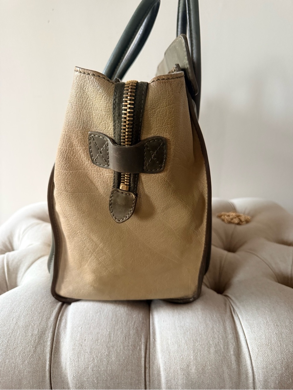 Authentic Phoebe Philo Celine Micro Luggage Tote Bi Color Green Tan Leather - Picture 5 of 16